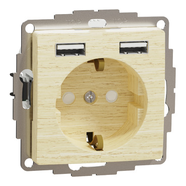 ÚJ SEDNA 2P+F csatlakozóaljzat, BZS, kettős USB töltővel, rugós, 16A/2.4A, nyír színű, SDD180052