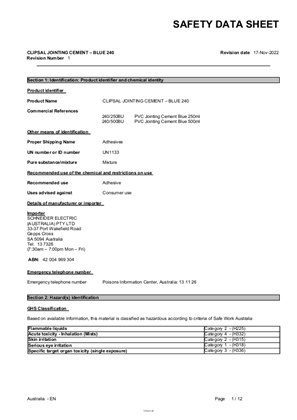 Safety Data Sheet, Clipsal, PVC jointing cement 250ml / 500ml BLUE