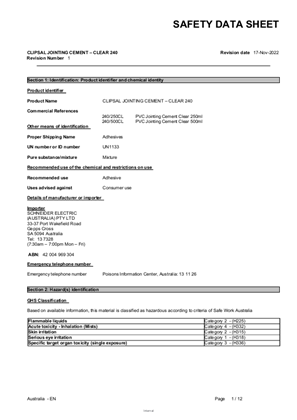 Safety Data Sheet, Clipsal, PVC jointing cement 250ml / 500ml CLEAR