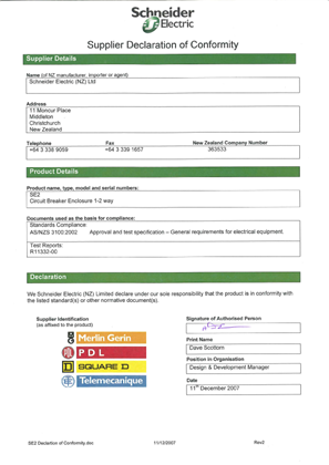 Schneider Legacy Products, SE2, Declaration of Conformity