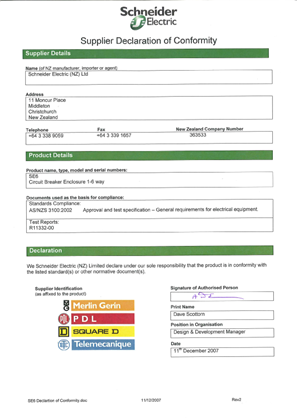 Schneider Legacy Products, SE6, Declaration of Conformity