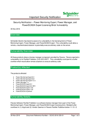Security Notification - PowerSCADA Expert, Power Monitoring Expert Software