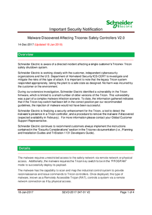 Security Notification-Malware Discovered Affecting Triconex Safety Controllers