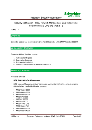 Security Notification-– 66074 MGE Network Management Card Transverse installed in MGE UPS and MGE STS