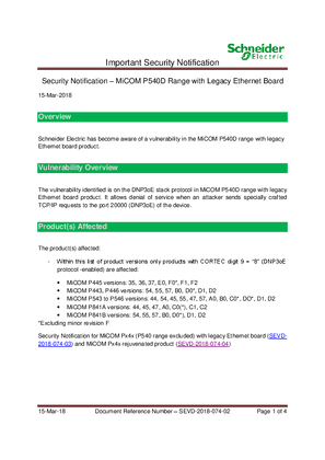 Security Notification - MiCOM P540D Range with Legacy Ethernet Board