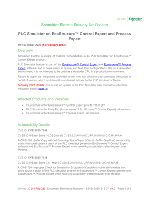 Security Notification - PLC Simulator on EcoStruxure™ Control Expert and Process Expert (3.1)