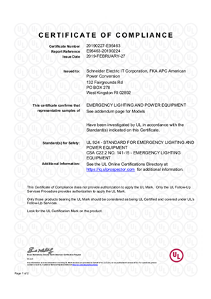 Galaxy VS UL 924 Certificate of Compliance