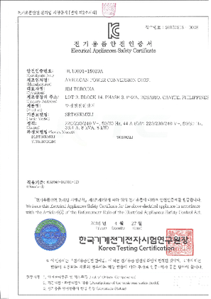 KCC Safety Certificate for SRT 8kVA