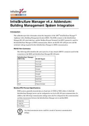 InfraStruXure Manager v4.x Building Management System (BMS) Integration (Manual Addendum)
