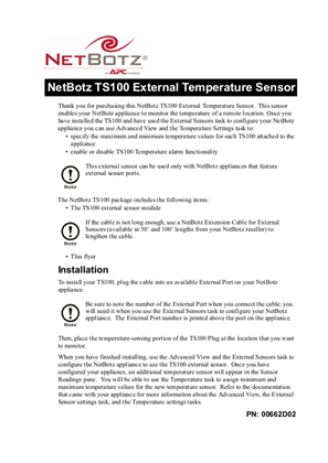 NetBotz Accessories & Sensors : TS100 External Temperature Sensor (Sheet)