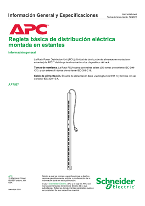 Regleta básica de distribución eléctrica montada en estantes Información General y Especificaciones