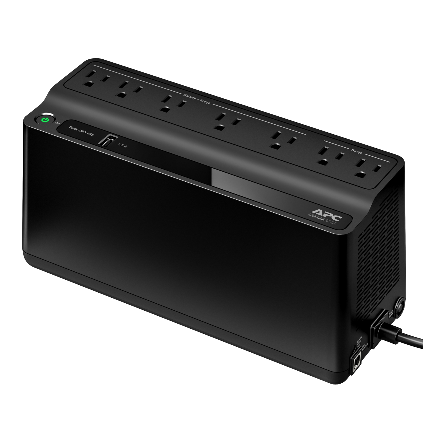 APC Back-UPS 675VA, 120V, 1 USB charging port, 7 NEMA outlets (2 surge)