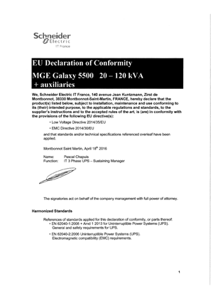 CE Declaration of Conformity MGE Galaxy 5500 20-120kVA UPS and AUX