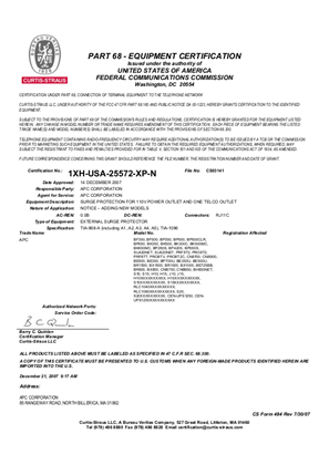 FCC Part 68 Certificate for Back-UPS, Smart-UPS, AV Power Conditioner, SurgeArrest