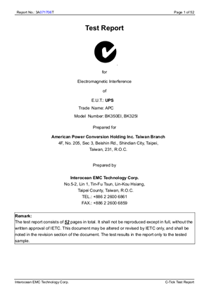 CTick Certificate of Compliance for BK325I and BK350EI