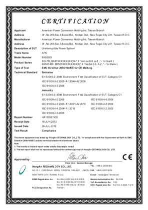 EMC Certificate of Approval for Back-UPS CS 475/500 VA 230 Volt