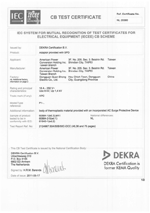 KEMA CB Certificate of Approval for P1-GR Surge Arrest