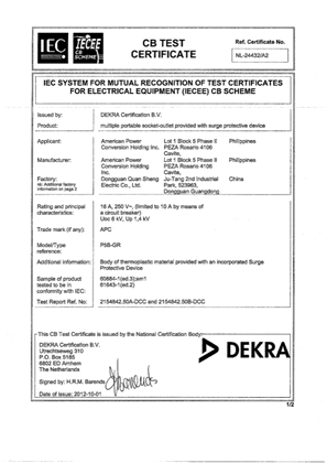 KEMA CB Certificate of Approval for Essential SurgeArrest 5 Outlet 230V
