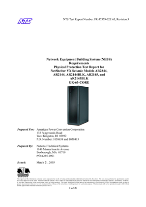 NEBS Test Report for NetShelter VX Seismic Models