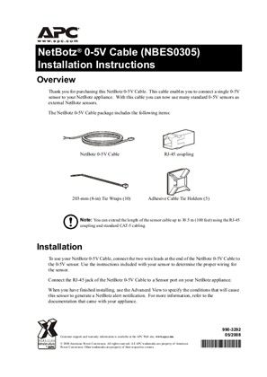 NetBotz 0-5V Cable (NBES0305) Installation Instructions