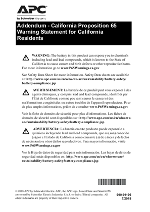 Addendum - California Proposition 65 Warning Statement