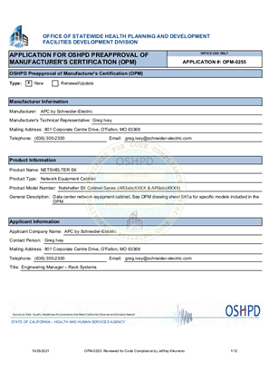 Office of Statewide Health Planning and Development (OSHPD) Preapproval for NetShelter SX Products in commercial and seismic rack applications
