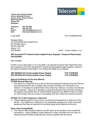 Telepermit for Power-Saving Back-UPS ES 8 Outlet 550VA, 700VA 230V