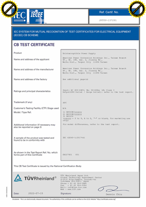 CB Certificate Back-UPS CS 500, 350, 325 230V