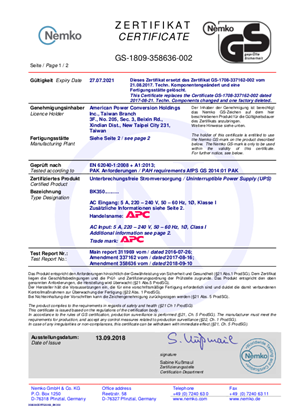 Nemko GS certificate Back-UPS 350, 230V