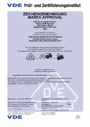 VDE GS certificate for APC SMART-UPS SRT 3000/2200VA