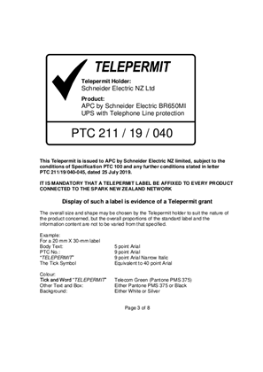 Telepermit certificate for Back UPS PRO