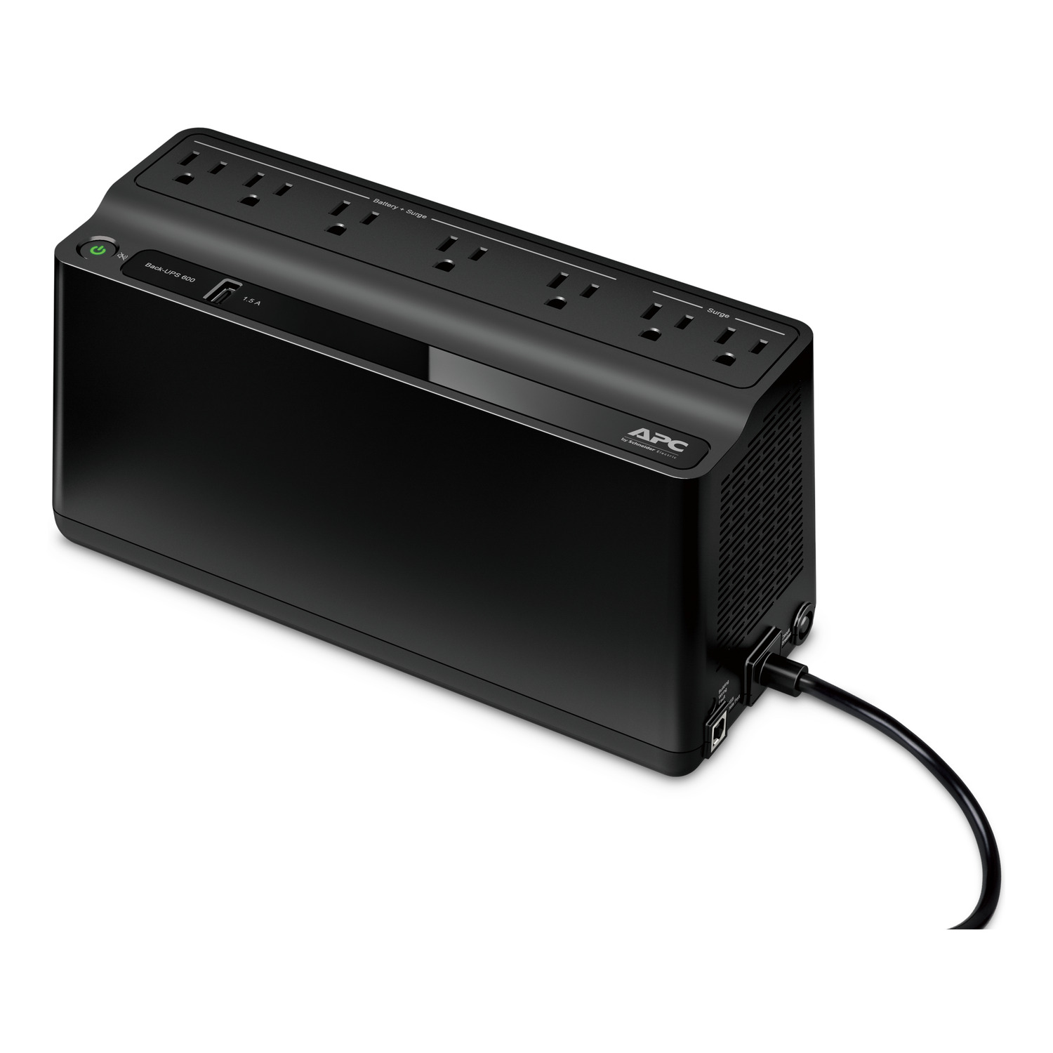 APC Back-UPS 600VA, 120V, 1 USB charging port, 7 NEMA outlets (2 