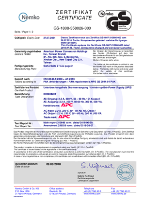 GS certificate for APC BACK-UPS HS 500VA 230V
