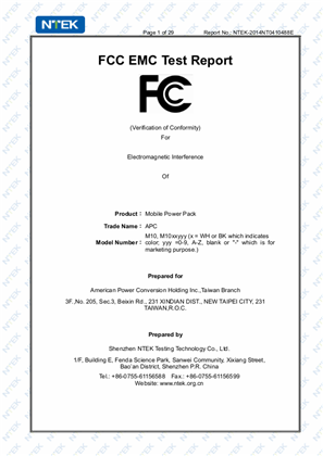 FCC for APC MOBILE POWER PACK, 10000MAH LI-POLYMER