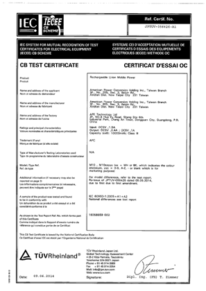 CB certificate for APC MOBILE POWER PACK, 10000MAH LI-POLYMER