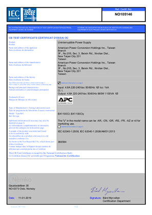 CB certificate for APC BACK-UPS 1100/950/1400/800VA 230V, AVR