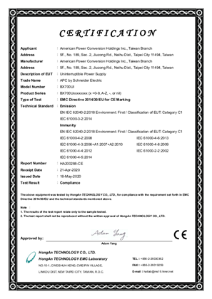 CE EMC certificate for APC BACK-UPS 700VA, 230V, AVR