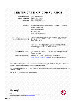 UL and cUL Certificate of Compliance for APC Smart-UPS SRT 3000VA, 2200VA, 1500VA & 1000VA