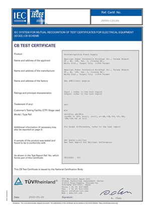 CB certificate APC EasyUPS SRV 1KI 2KI 230V Tower