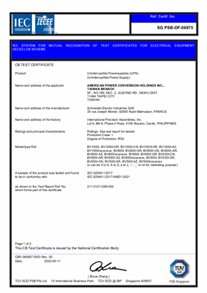 CB certificate for SE EASY UPS BVS 1000/800/650/500VA, AVR, 230V