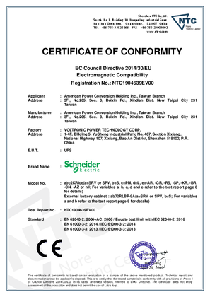 EMC certificate for Schneider EasyUPS SRV 2KRIL 230V RackMount