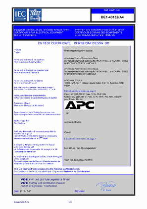 VDE CB Certificate for APC Smart-UPS RT On-Line UPS 230V - Marine