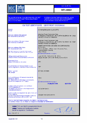VDE CB Certificate for Smart-UPS SC 1000VA and 1500VA 230V