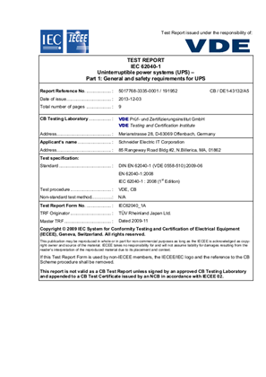 VDE CB Certificate for Schneider Electric On-Line UPS, 3000-6000 VA 230V