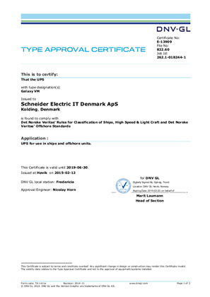 DNV-GL TYPE APPROVAL CERTIFICATE For Galaxy VM Marine