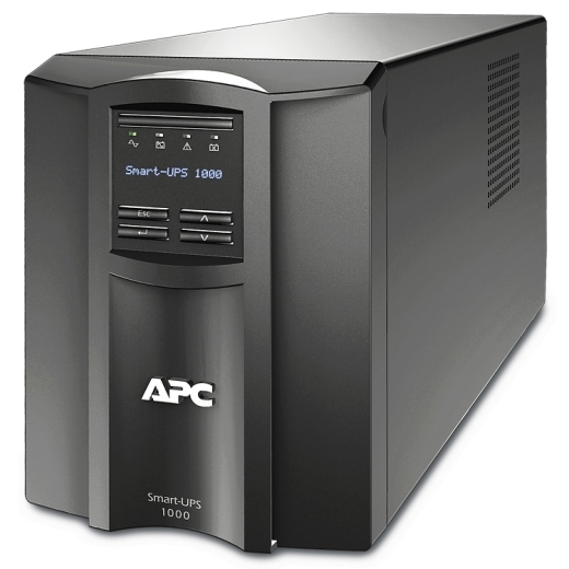 APC Smart-UPS, Line Interactive, 1000VA, Tower, 120V, 8x NEMA 5-15R outlets, SmartConnect Port+SmartSlot, AVR, LCD Front Left