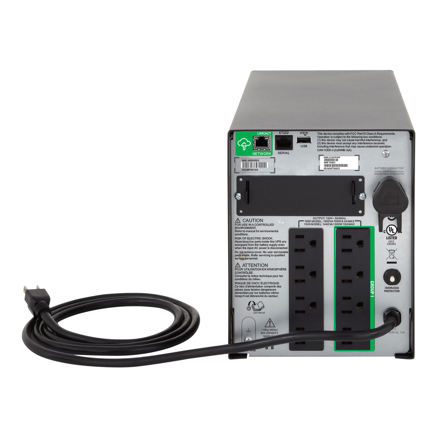 APC Smart-UPS, Line Interactive, 1000VA, Tower, 120V, 8x NEMA 5-15R  outlets, SmartConnect Port+SmartSlot, AVR, LCD - SMT1000C