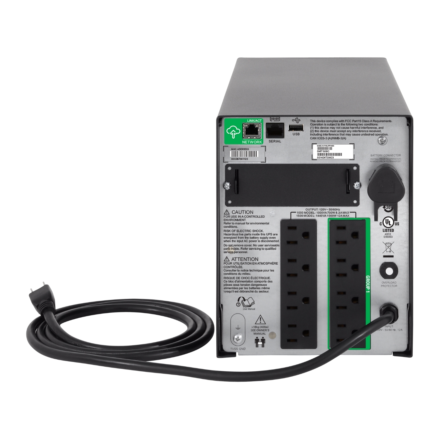 APC Back-UPS Pro, 1500VA/865W, Tower, 120V, 10x NEMA 5-15R outlets, AVR,  LCD, User Replaceable Battery - BR1500G