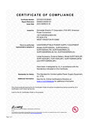 UL Certificate for APC Smart UPS RT 2400VA and 3000VA