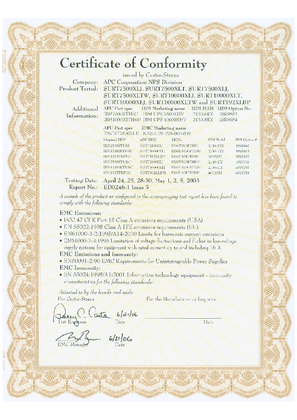 EMC Certifcate of Conformity for the SURT7500XLI